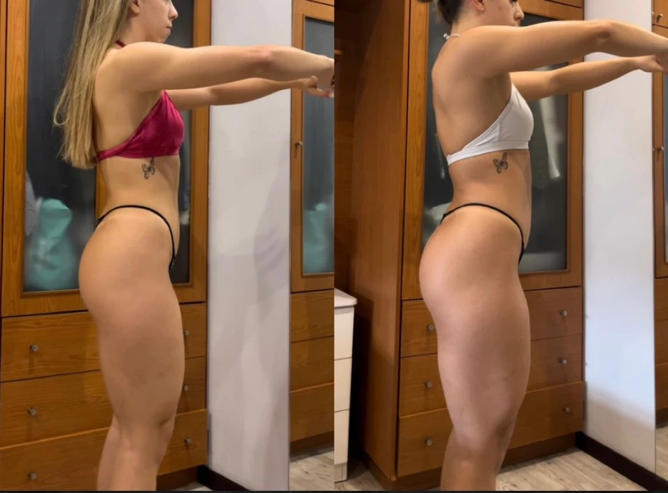 Comparação antes e depois de uma transformação com ganho de massa muscular.
