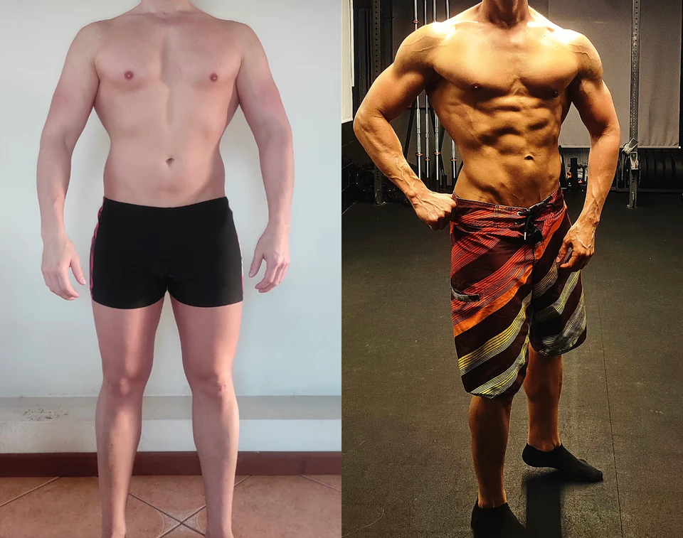 Comparação antes e depois de uma transformação com ganho de massa muscular.