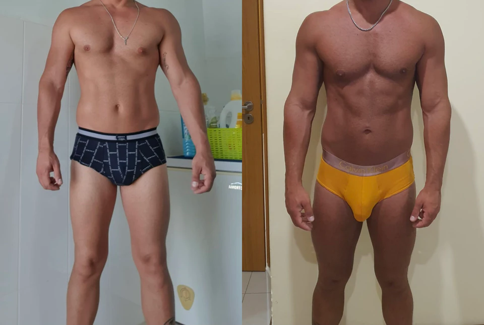 Comparação antes e depois de uma transformação com ganho de massa muscular.