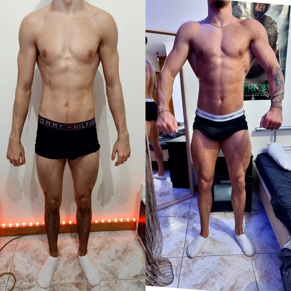 Comparação antes e depois de uma transformação com ganho de massa muscular.