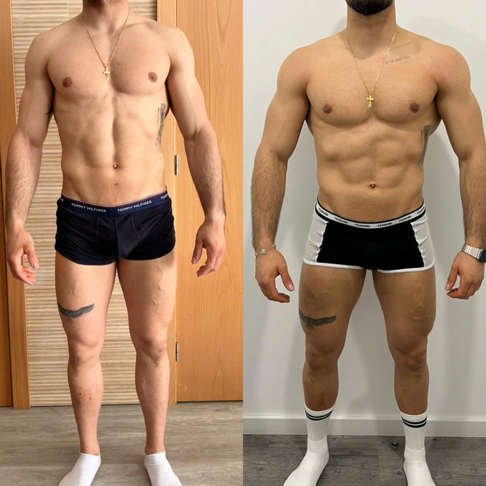 Comparação antes e depois de uma transformação com ganho de massa muscular.