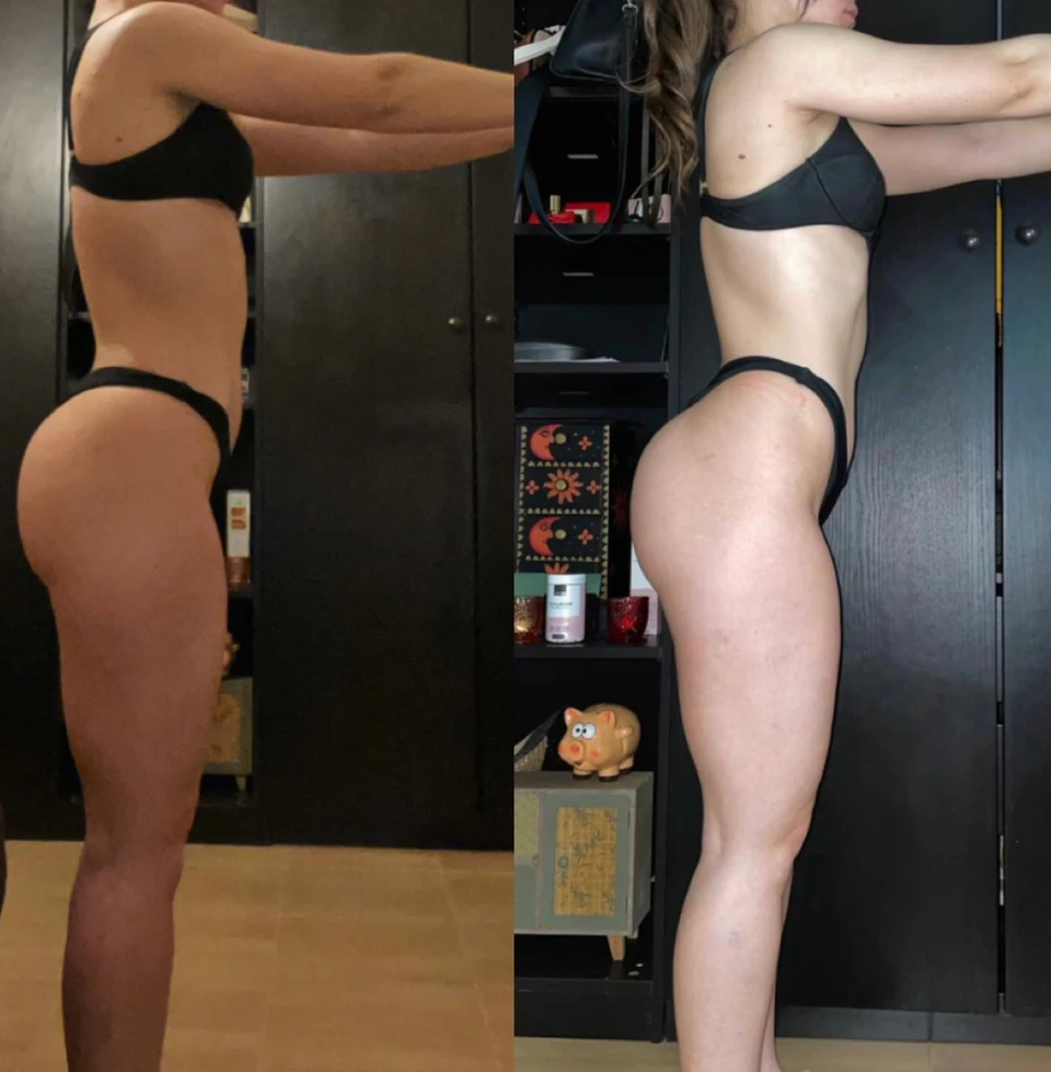 Comparação antes e depois de uma transformação com ganho de massa muscular.