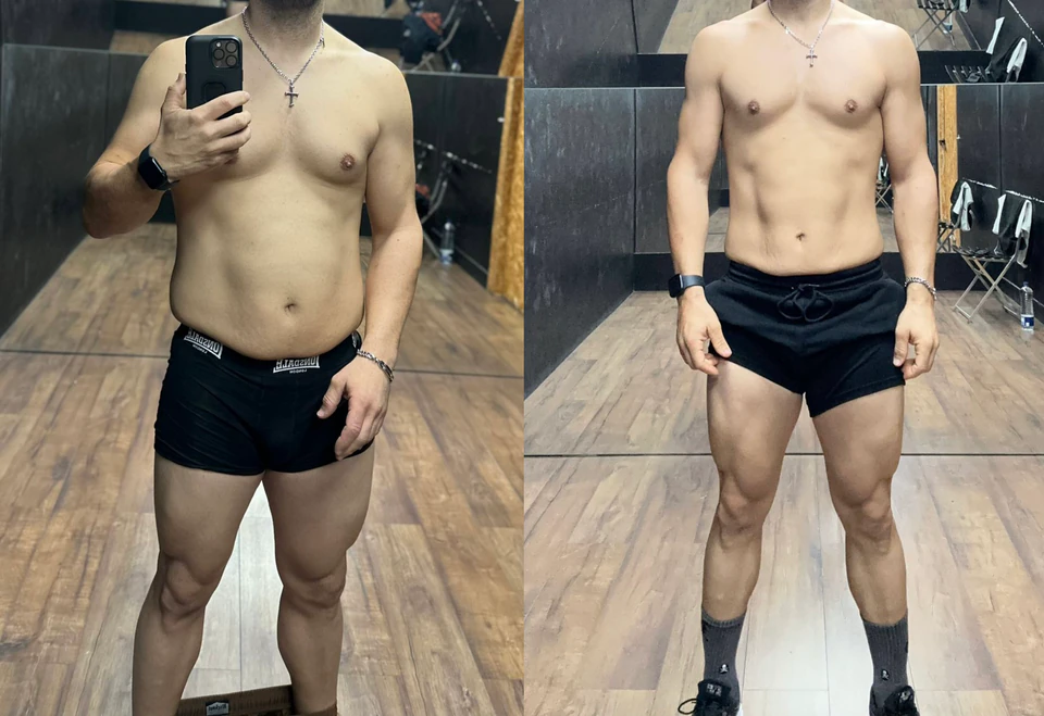Comparação antes e depois de uma transformação com perda de 10 kg.