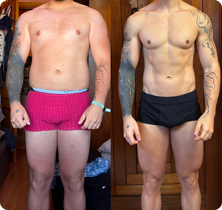 Comparação antes e depois de uma transformação com perda de 15 kg.